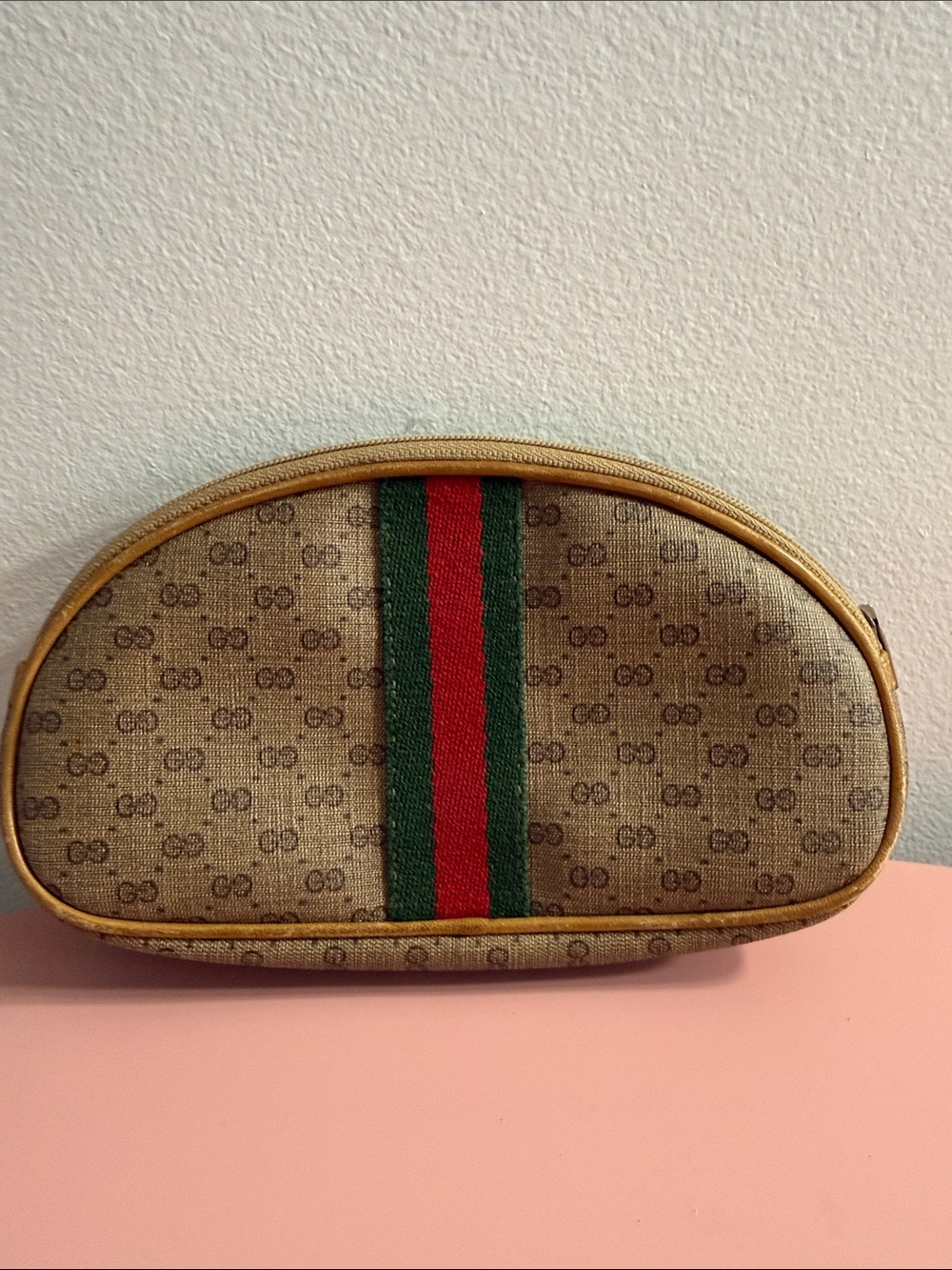 Gucci Authentic Vintage Brown Canvas Cosmetic Pouch with sherry line stripe